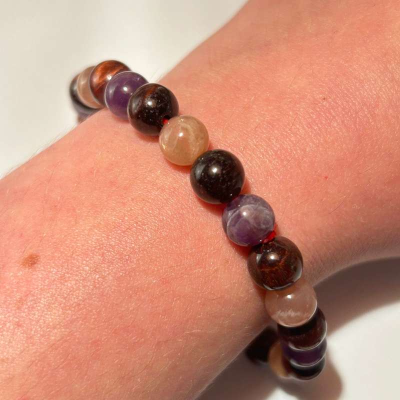 Red Tigers Eye, Amethyst & Peach Moonstone Triple Power Crystal Bracelet