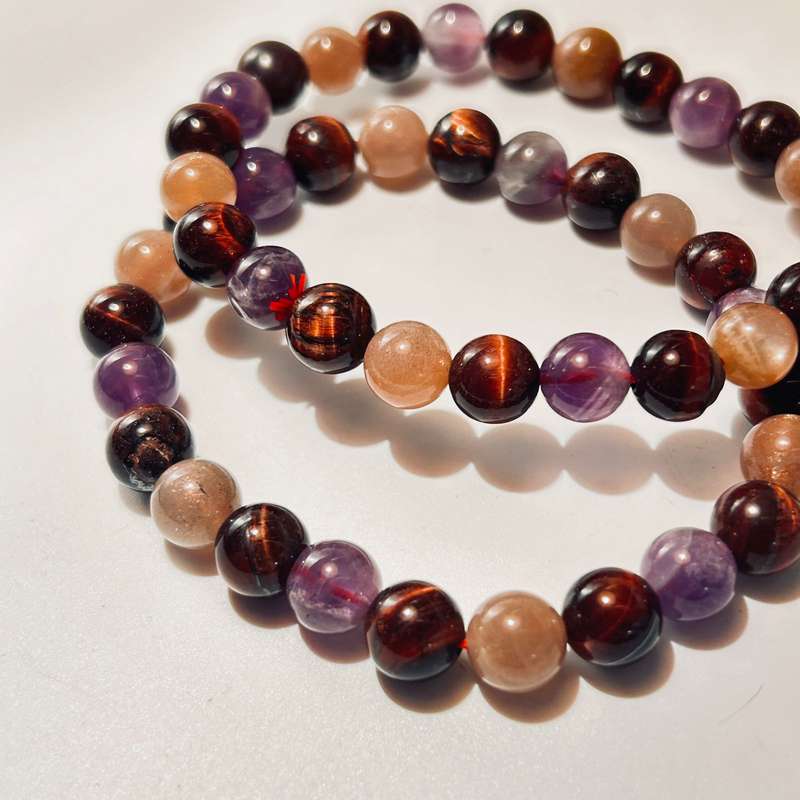 Red Tigers Eye, Amethyst & Peach Moonstone Triple Power Crystal Bracelet