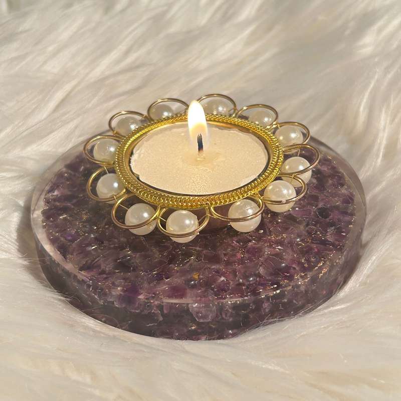 Amethyst Orgonite Tealight  Holder With Pearls
