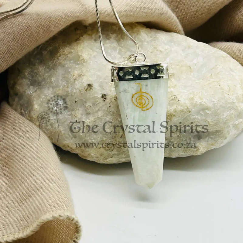 Amazonite Tabby White Metal Pendant With Reiki Symbol