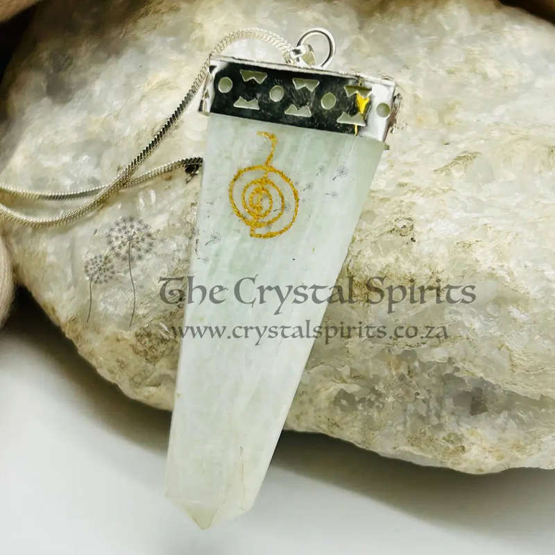 Amazonite Tabby White Metal Pendant With Reiki Symbol