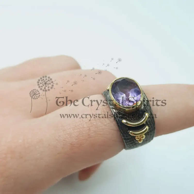 Amethyst Aura Shielding Rhodium Plated Sterling Silver Ring
