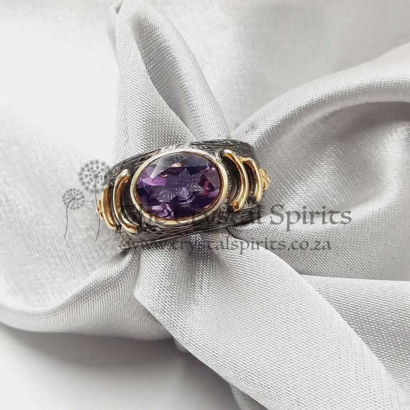 Amethyst Aura Shielding Rhodium Plated Sterling Silver Ring