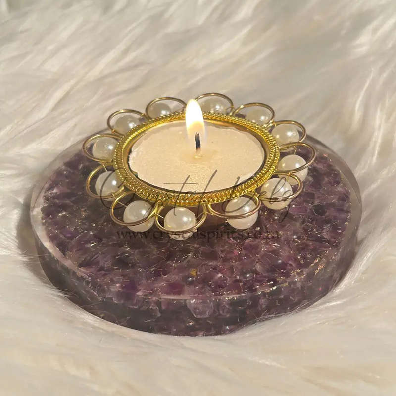 Amethyst Orgonite Tealight  Holder With Pearls