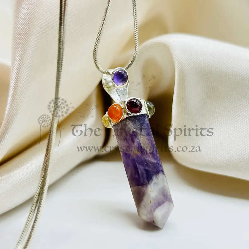 Amethyst Point With Cabochon Gemstones Metal Pendant