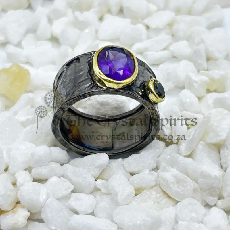 Amethyst Rhodium Plated Sterling Silver Ring With Peridot