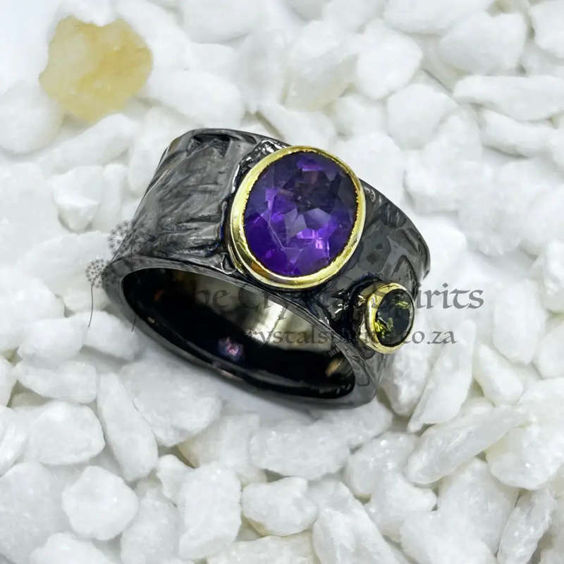 Amethyst Rhodium Plated Sterling Silver Ring With Peridot