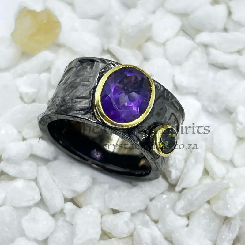 Amethyst Rhodium Plated Sterling Silver Ring With Peridot