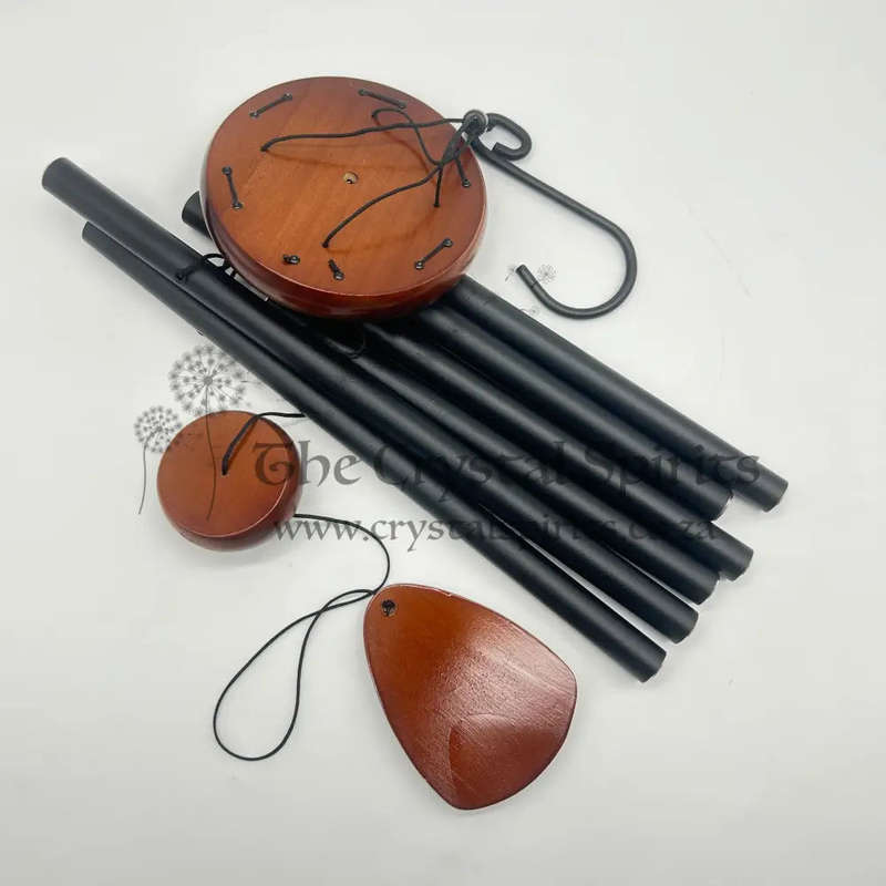 Black 6 Rod Wealth Wind Chime with Wood Accent