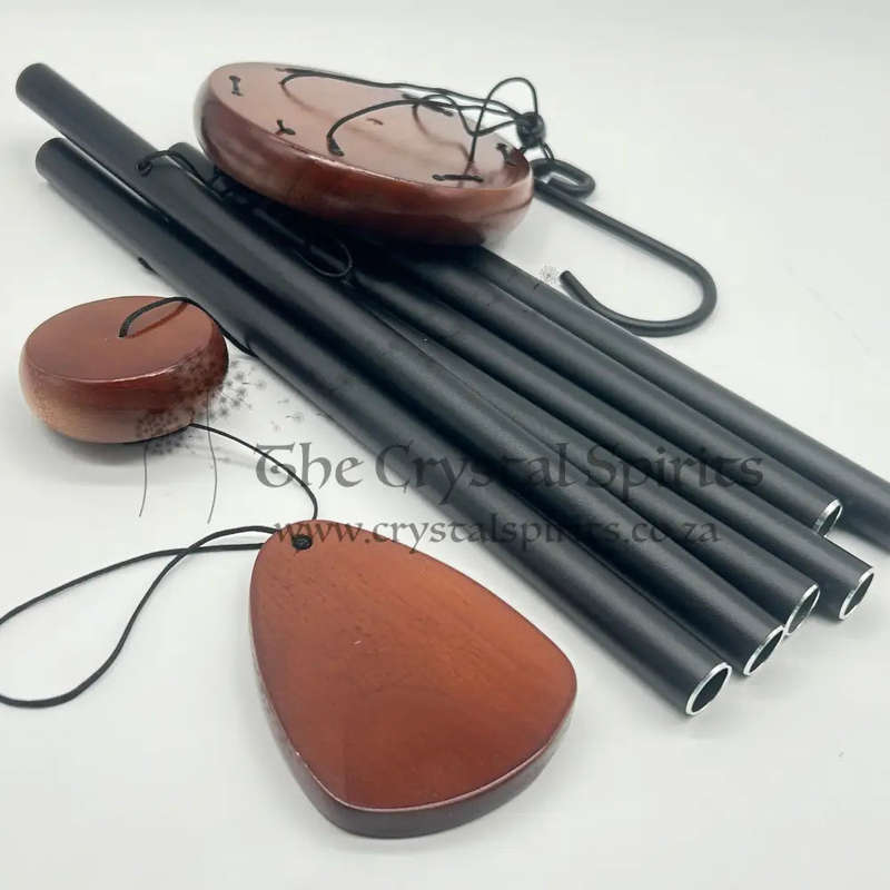 Black 6 Rod Wealth Wind Chime with Wood Accent