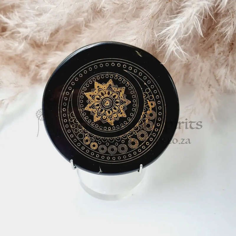 Black agate Crystal Disc  With Circle Filigree Moon Design
