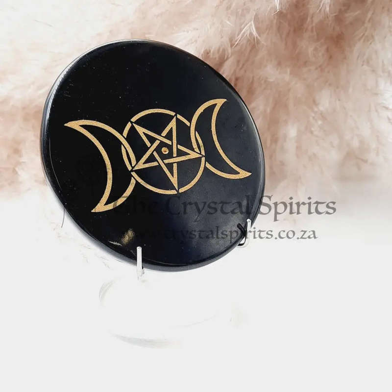 Black Agate Crystal Disc  With Pentacle Waxing and Waning moon