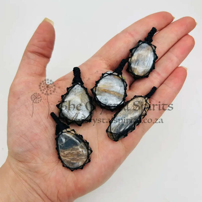 Black Moonstone Crystal Macrame Pendant