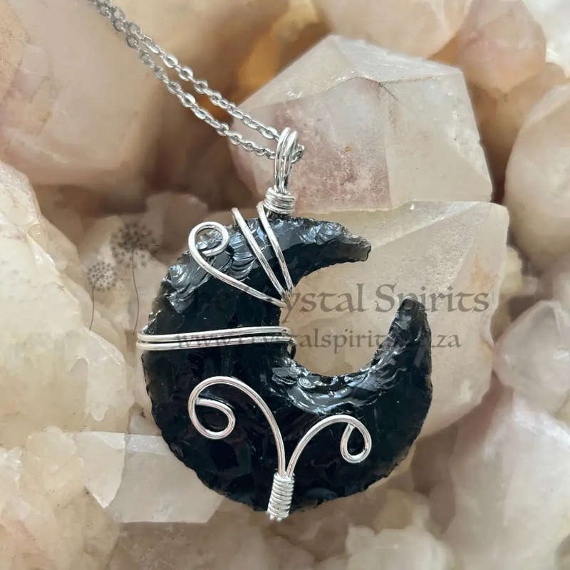 Black Obsidian Moon Wire Wrap Pendant