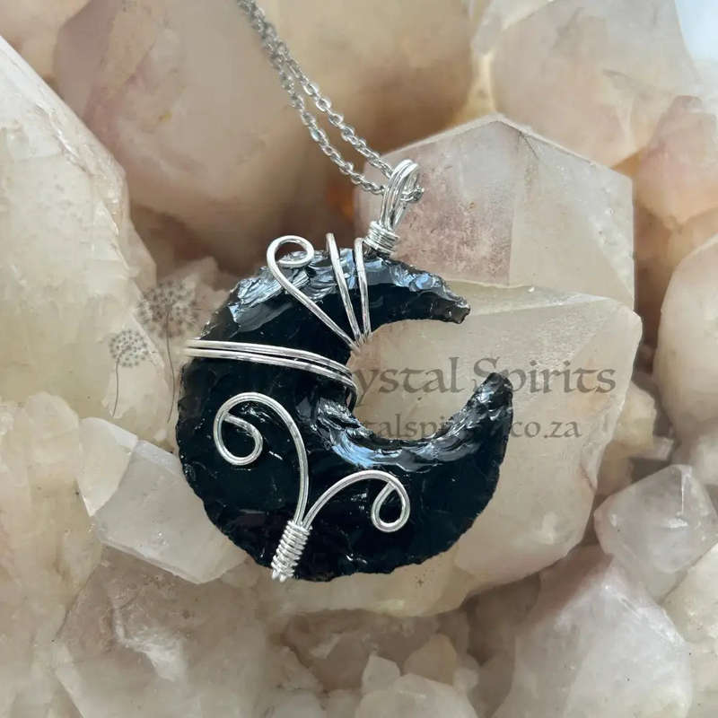 Black Obsidian Moon Wire Wrap Pendant