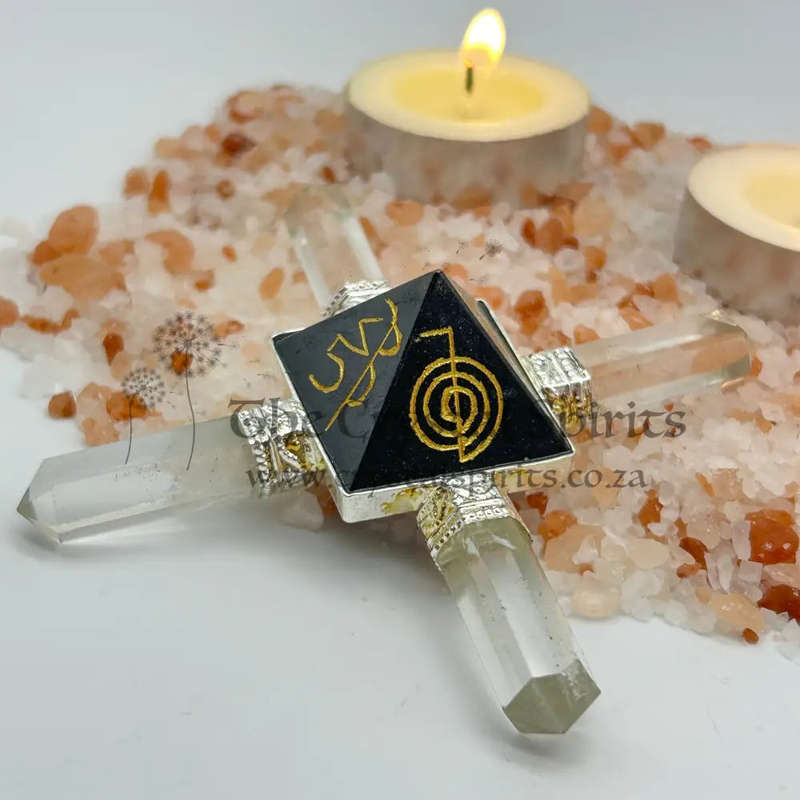 Black Tourmaline Generator Pyramid with Reiki Symbols and Clear Quartz Points