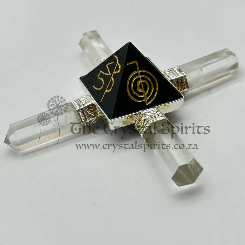 Black Tourmaline Generator Pyramid with Reiki Symbols and Clear Quartz Points