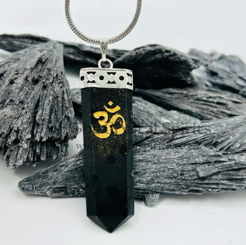 Black Tourmaline gold etched  OM Pendant encased in white metal