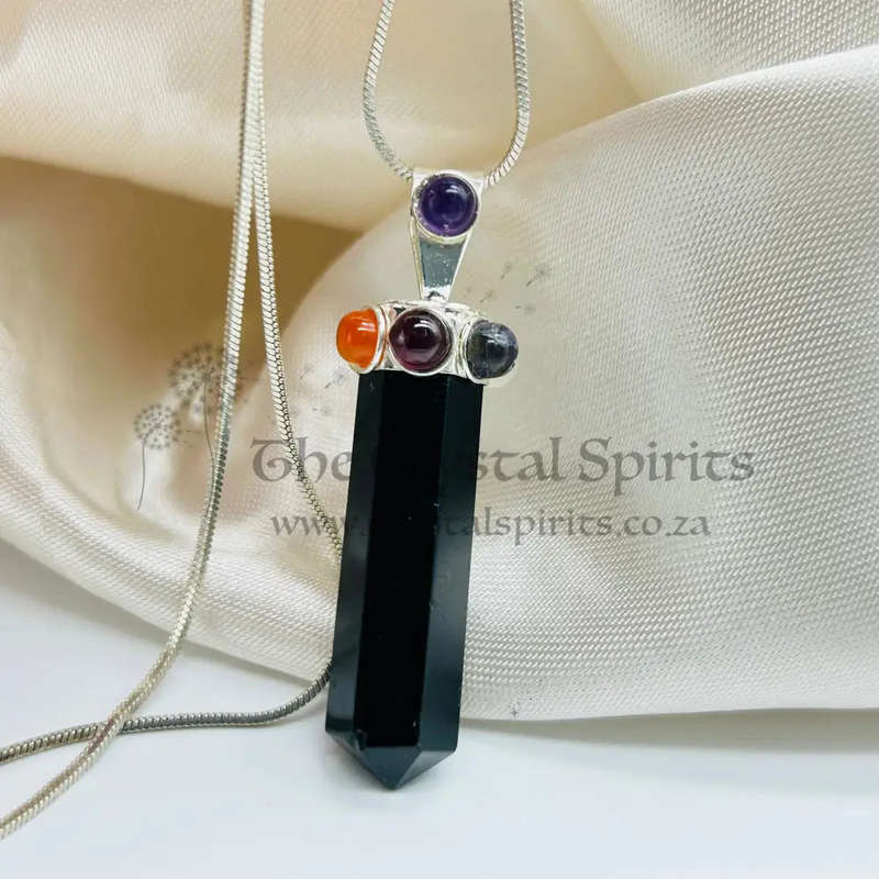 Black Tourmaline Point With Cabochon Gemstones Metal Pendant