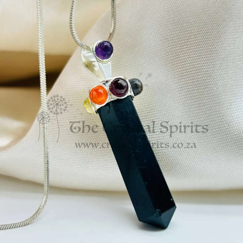 Black Tourmaline Point With Cabochon Gemstones Metal Pendant