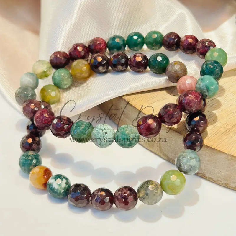 Bloodstone, Garnet And Moss Agate Crystal Bracelet