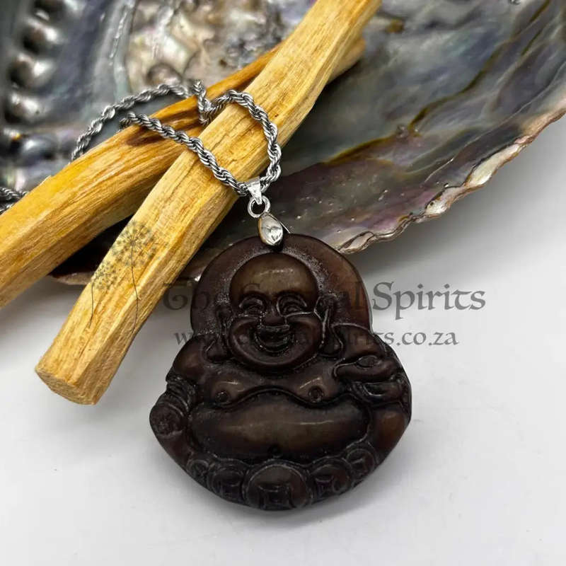 Brown Jade Lucky Buddha With Auspicious Coin Pendant