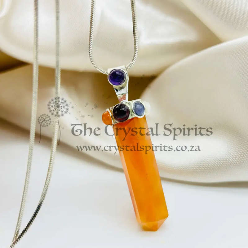 Carnelian Point With Cabochon Gemstones Metal Pendant