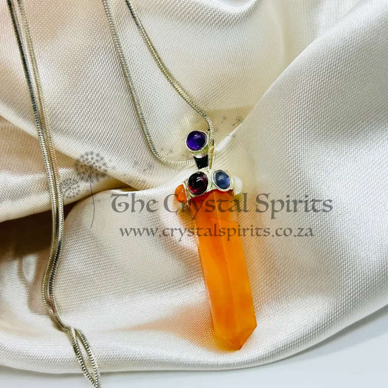 Carnelian Point With Cabochon Gemstones Metal Pendant