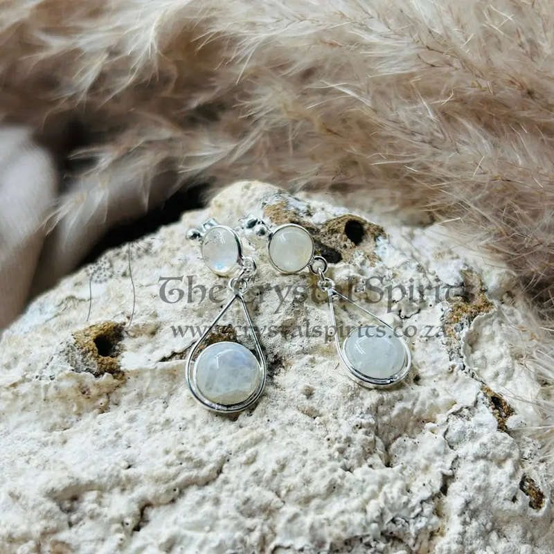 Celestial Elegance: Sterling Silver Duo-Moonstone Cabochon Earrings