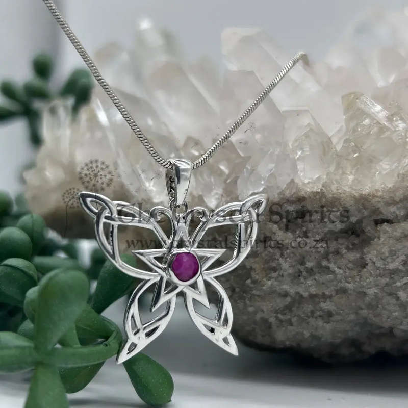 Celtic Butterfly Ruby Cabochon Crystal Sterling Silver Pendant