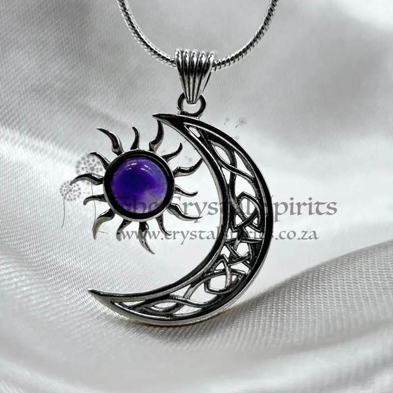 Celtic Cresent Moon & Sun Amethyst Sterling Silver Pendant