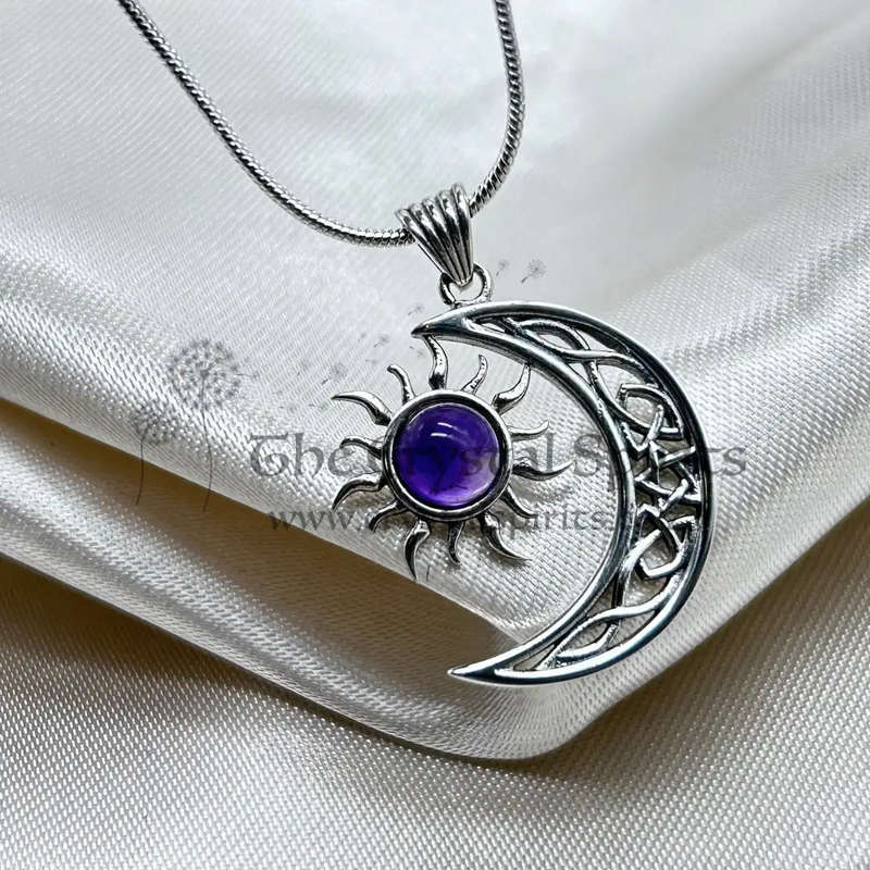 Celtic Cresent Moon & Sun Amethyst Sterling Silver Pendant