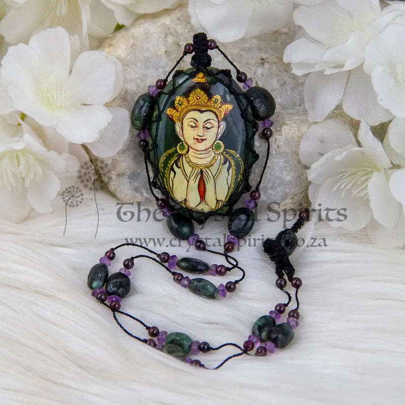 Chenretik Buddha Painted on Moss Agate with Amethyst, Garnet and Moss Agate Crystal Gemstone Beads