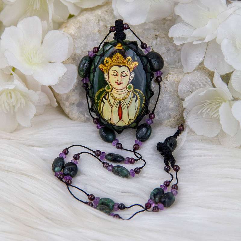 Chenretik Buddha Painted on Moss Agate with Amethyst, Garnet and Moss Agate Crystal Gemstone Beads