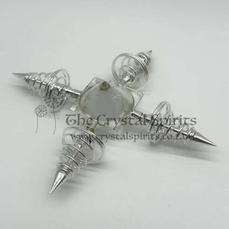 Clear Quartz Cone Generator with White Metal Spirals