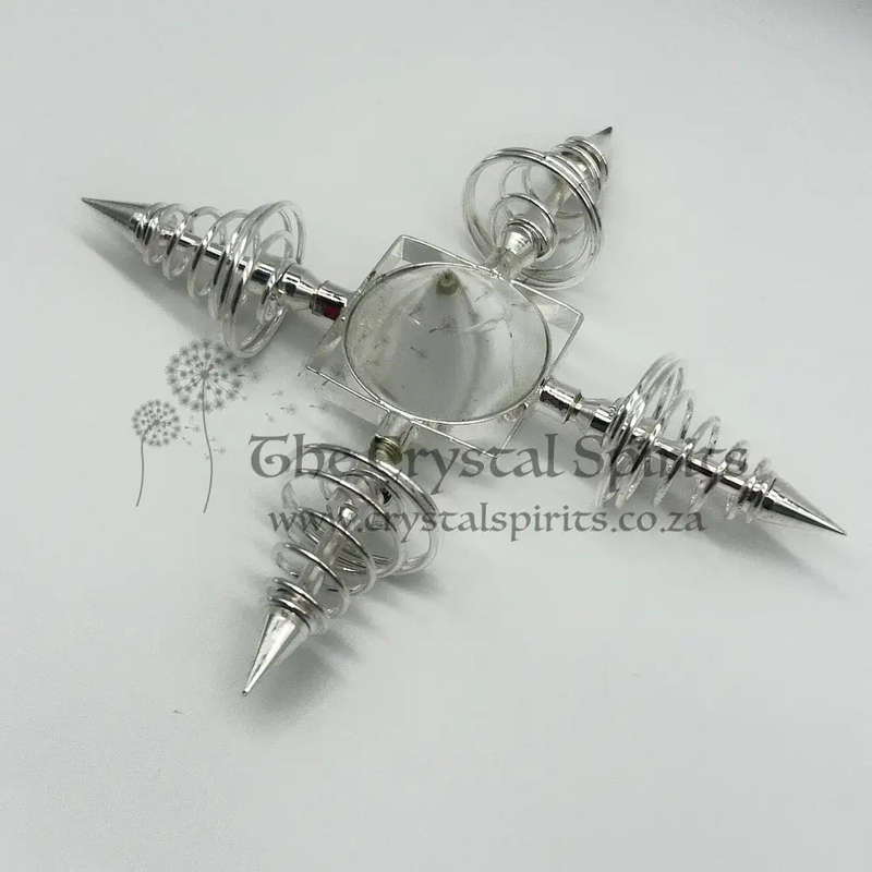 Clear Quartz Cone Generator with White Metal Spirals