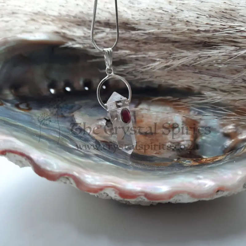 Clear Quartz with Garnet Cabochon DT Crystal Pendant