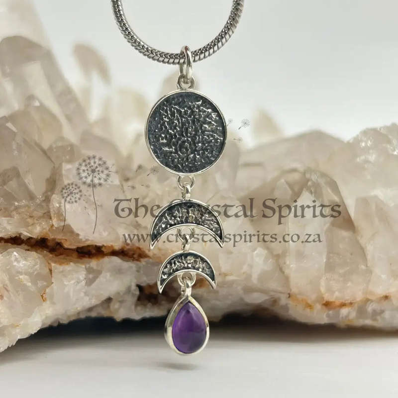 Cosmic Moon Sterling Silver Amethyst Crystal Pendant