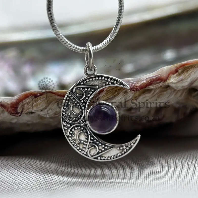 Crescent Moon Filigree With Amethyst Sterling SIlver Pendant