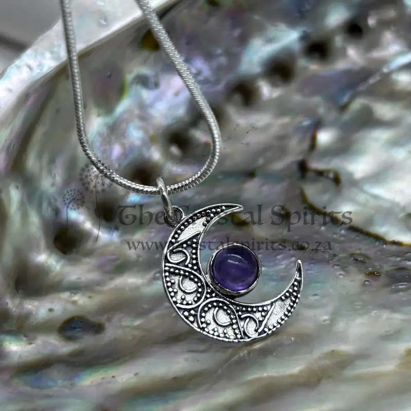 Crescent Moon Filigree With Amethyst Sterling SIlver Pendant