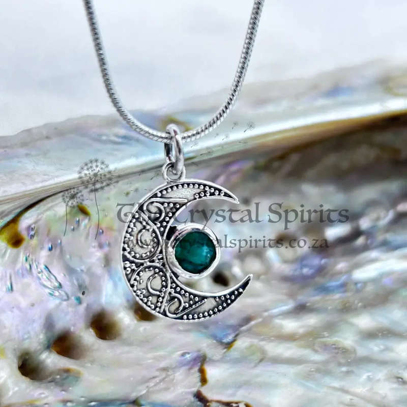Crescent Moon Filigree With Emerald Sterling Silver Pendant