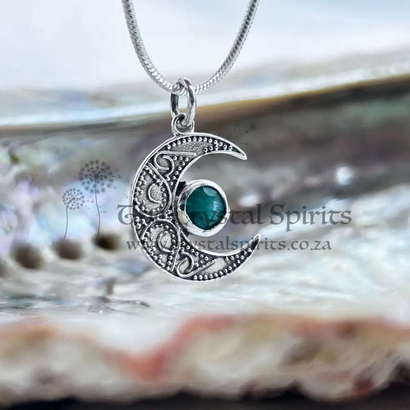 Crescent Moon Filigree With Emerald Sterling Silver Pendant