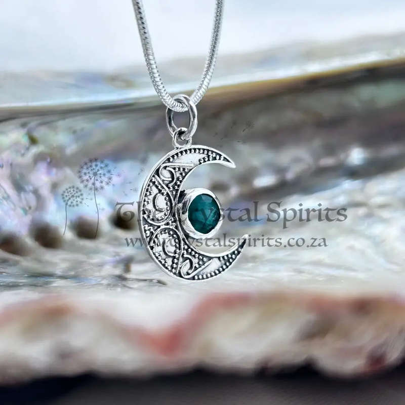Crescent Moon Filigree With Emerald Sterling Silver Pendant