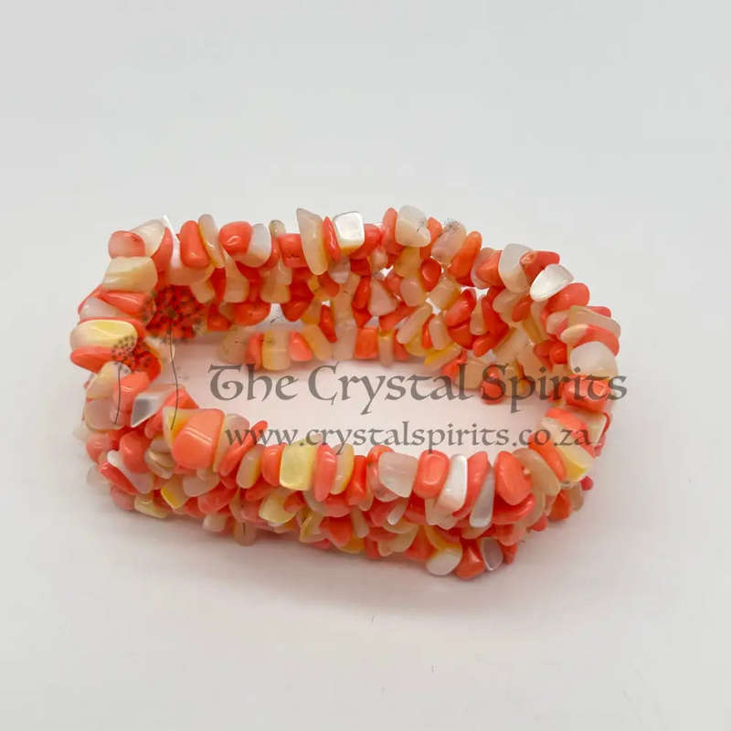 Crystal Coral And Mother Of Pearl Chip Cuffed Bracelet