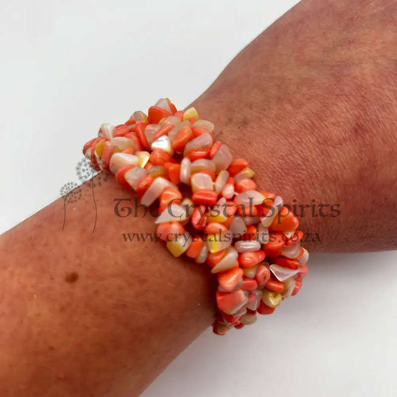 Crystal Coral And Mother Of Pearl Chip Cuffed Bracelet