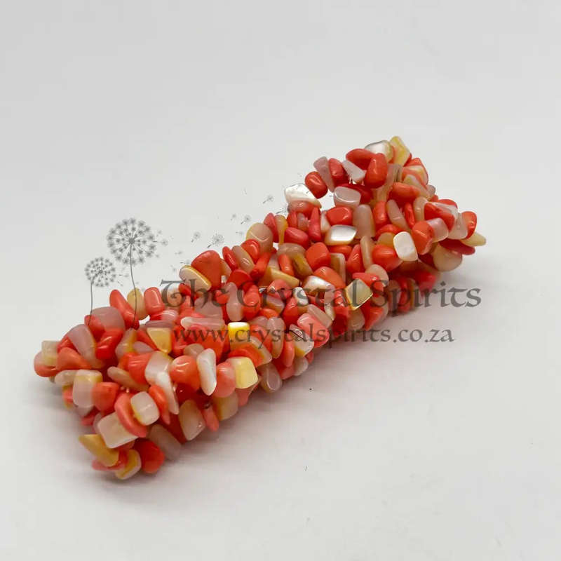 Crystal Coral And Mother Of Pearl Chip Cuffed Bracelet
