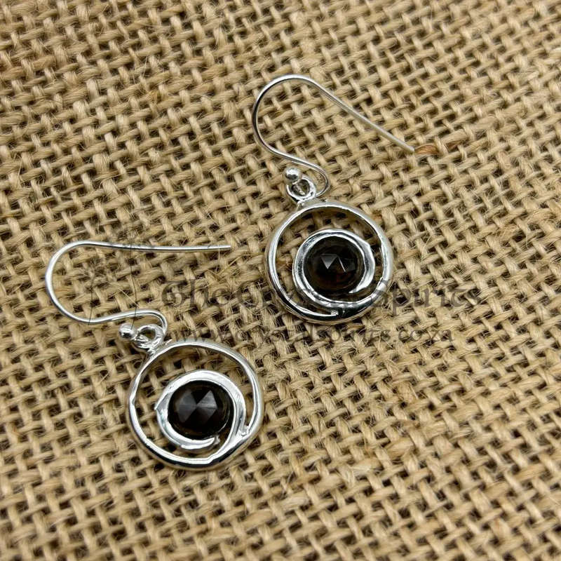 Curly Faceted Smoky Quartz Crystal Sterling Silver Earrings