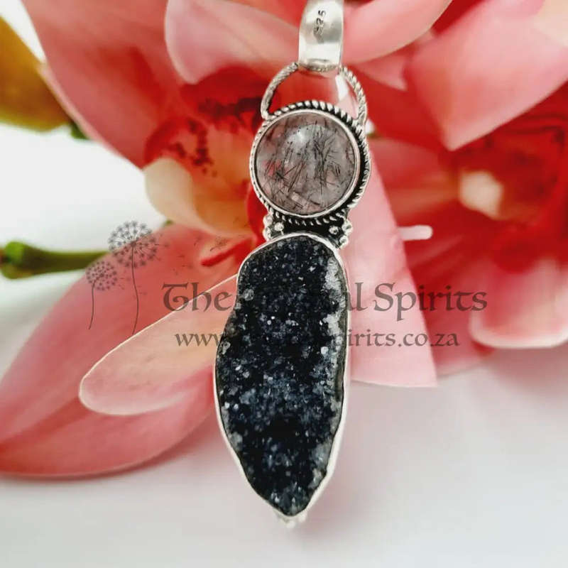 Druzy Rutile Quartz Crystal Sterling Silver Pendant