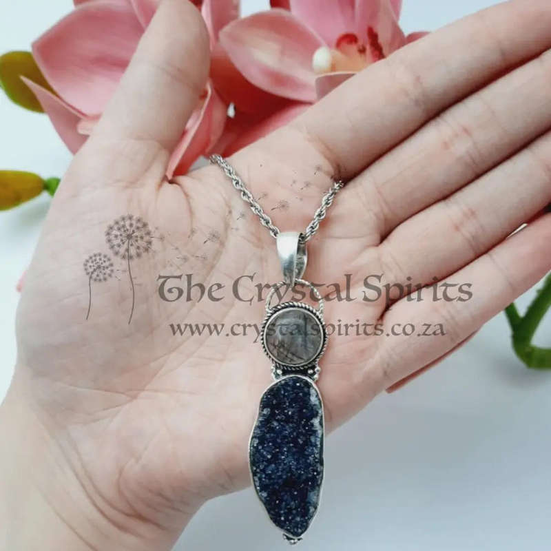Druzy Rutile Quartz Crystal Sterling Silver Pendant