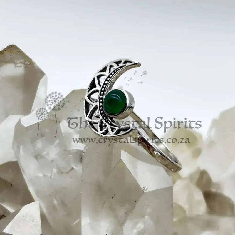 Emerald Crystal Sterling Silver Moon Ring